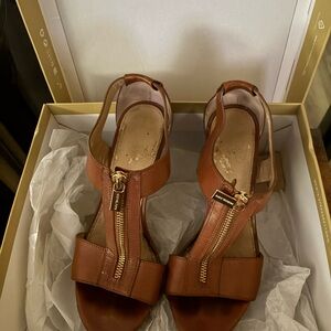Michael Kors Tan Leather Sandals with Gold Zipper